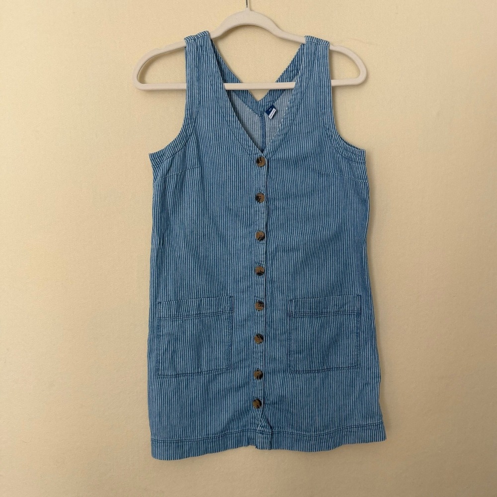 Old Navy Blue White Striped Denim Jumper Dress Button Front Sleeveless Mini L